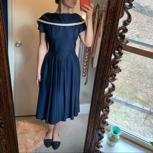 50s 60s vintage blue polka dot collar pleat dress